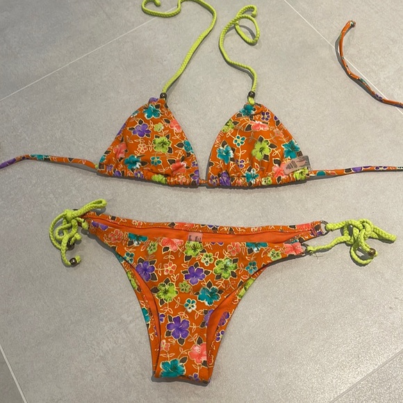 Women size small Neon bikini top and bottom set size ties triangle top - Picture 1 of 8